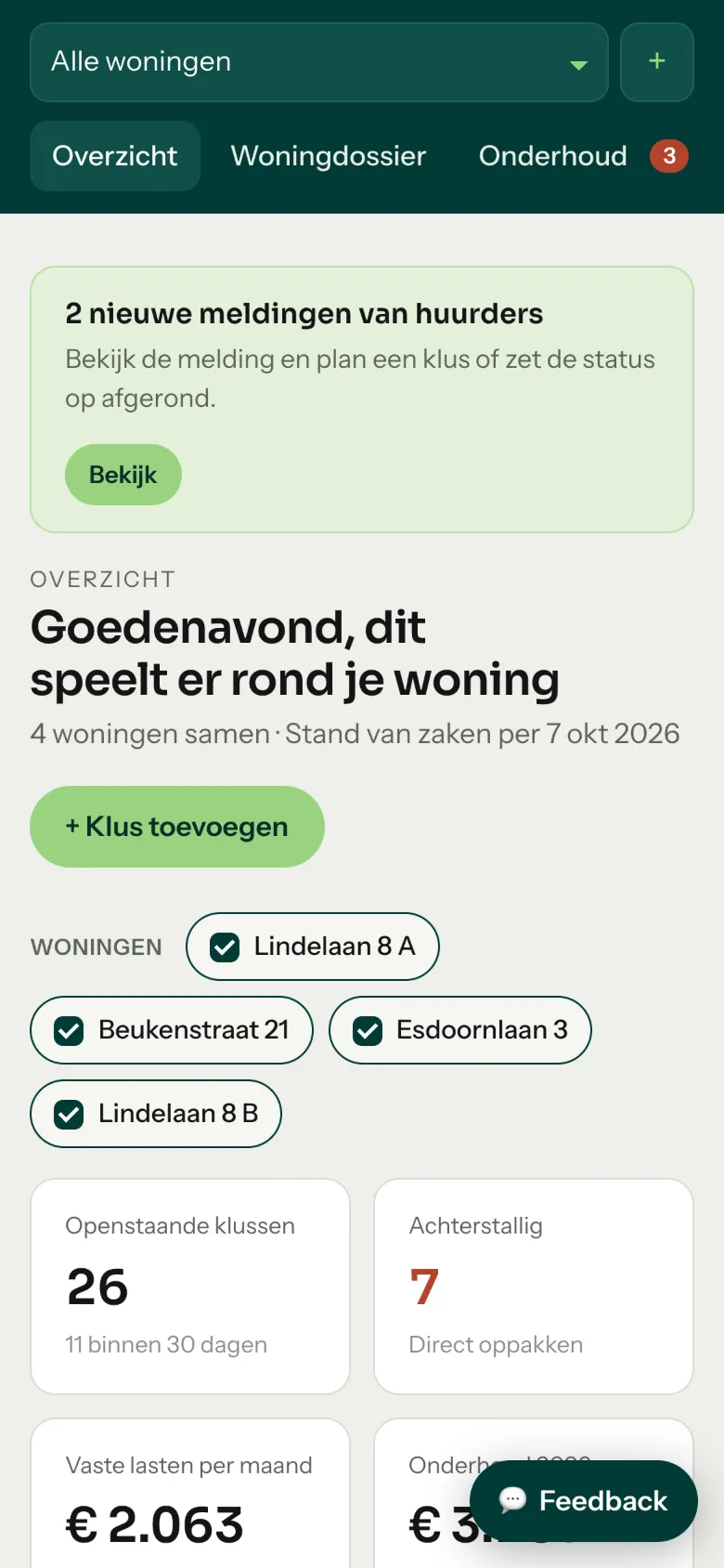 Het Verhuurder-dashboard op een telefoon, met meldingen van huurders